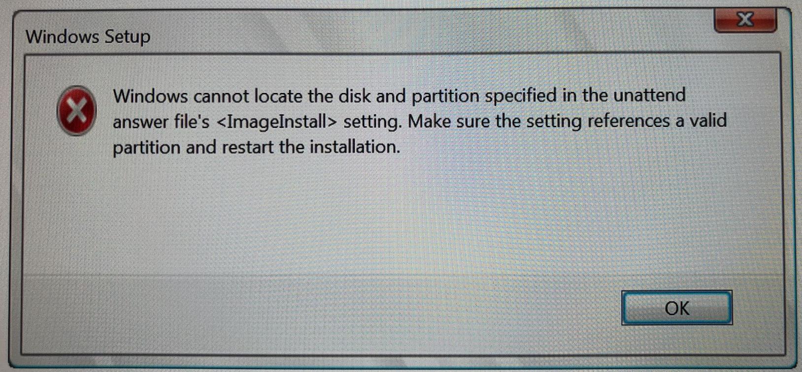 Не удается найти диск и раздел, указанные параметром ImageInstall
